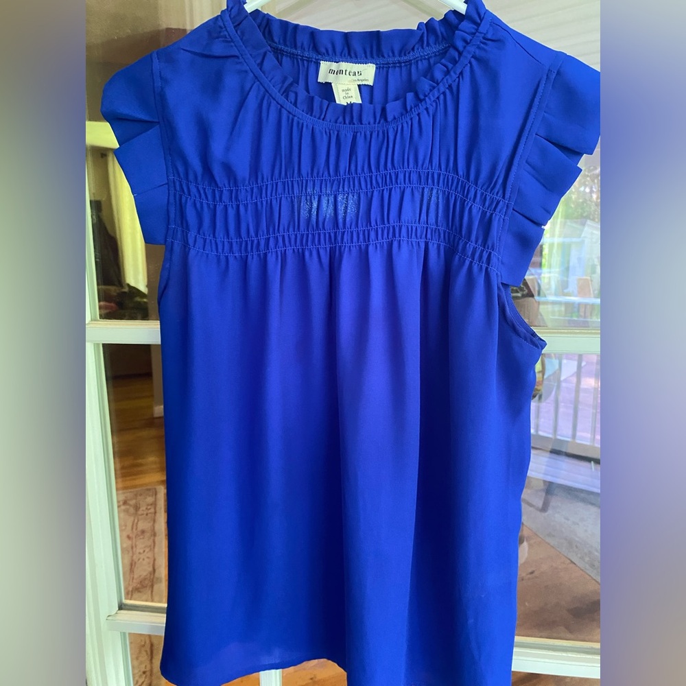Blue Smocked Flutter Sleeve Blouse / Top - Monteau- Size M